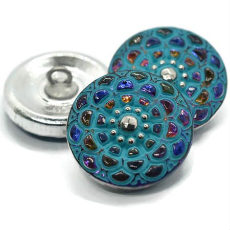 18mm Mandala Button Volcano with a Sea Green Wash and Silver Accents - Czech Glass Buttons