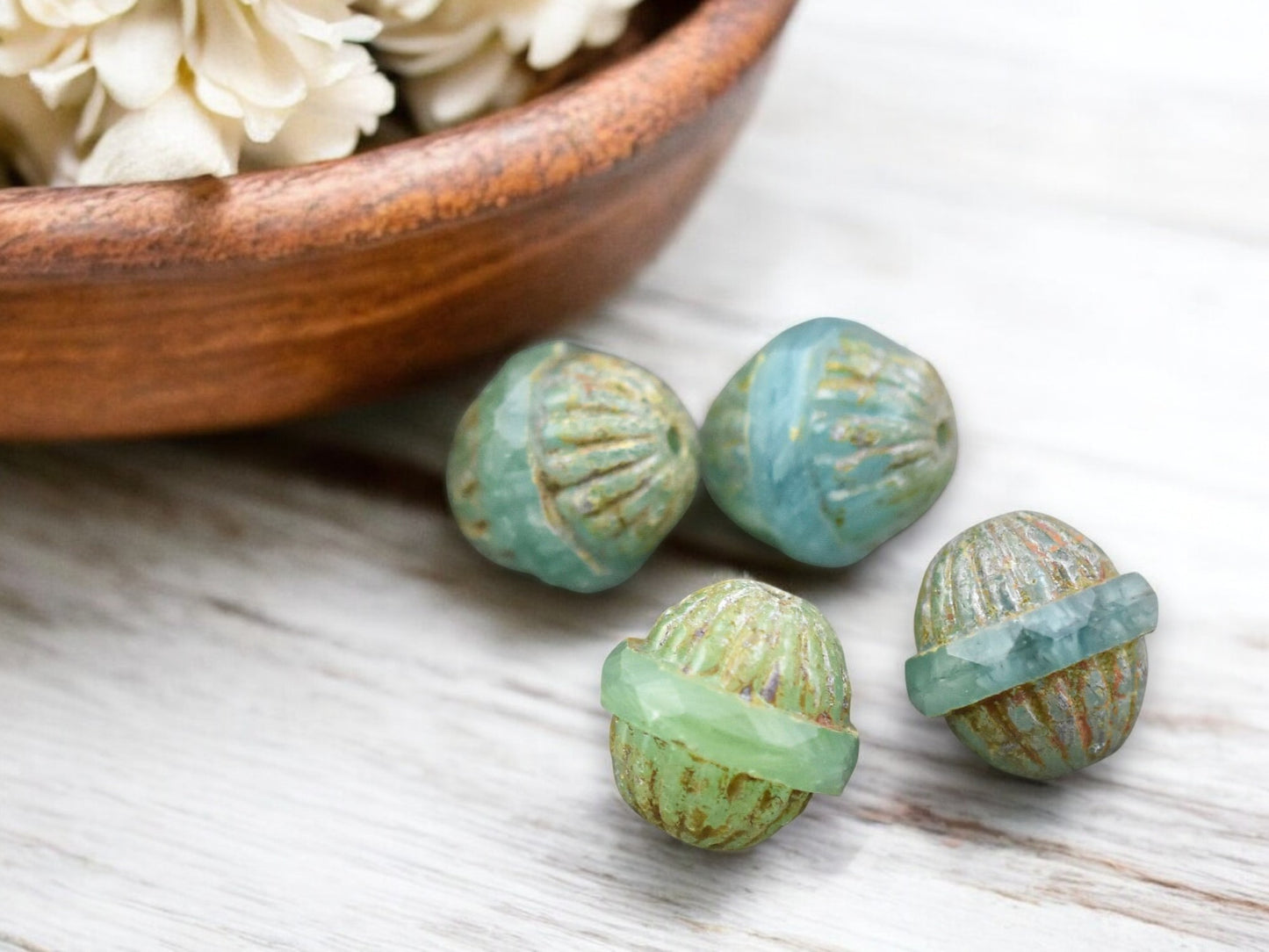 *4* 12x11mm Green Opal Picasso Center Cut Saturn Beads