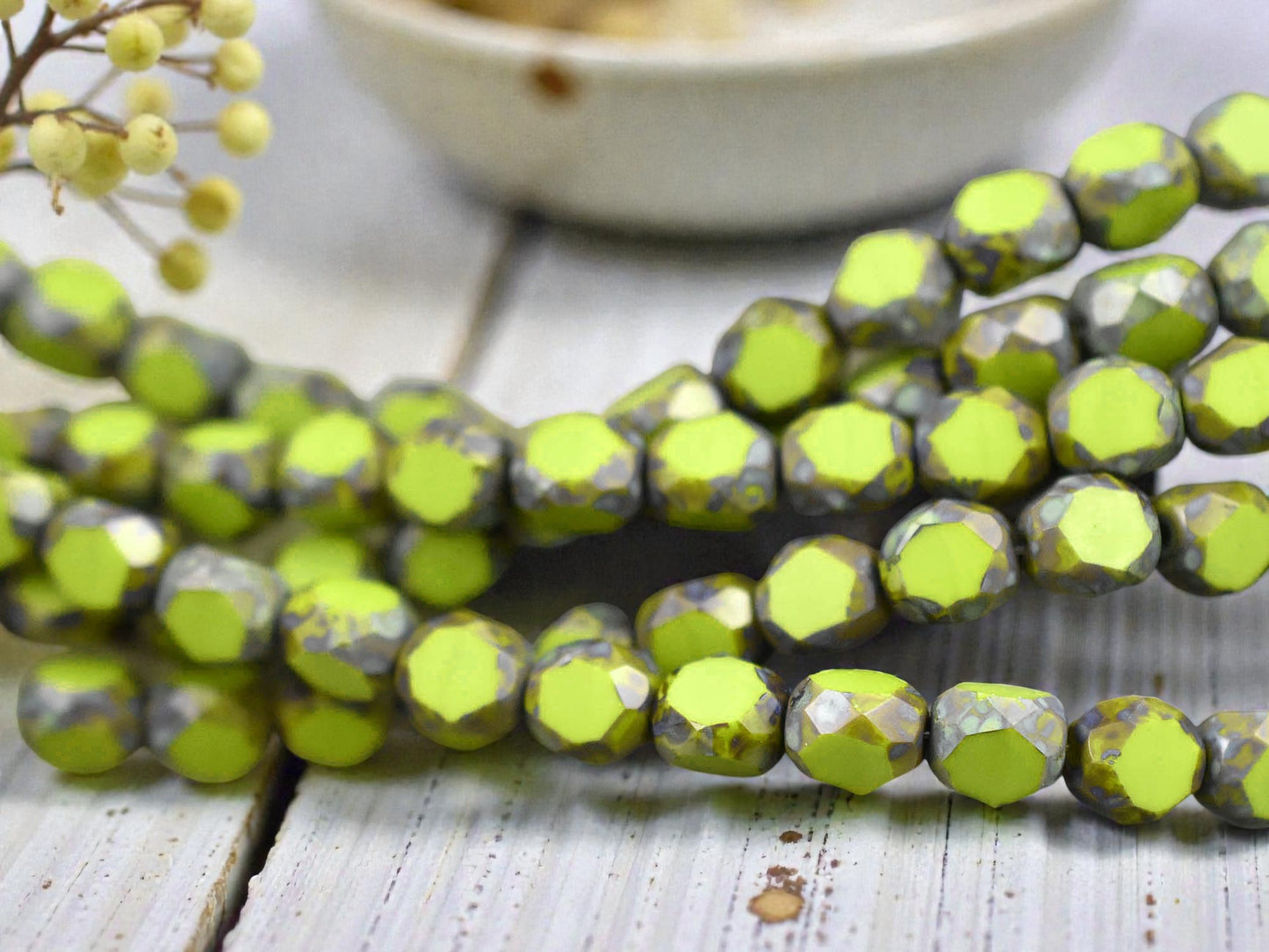 *16* 8mm Opaque Chartreuse Travertine Tri Cut Round Beads
