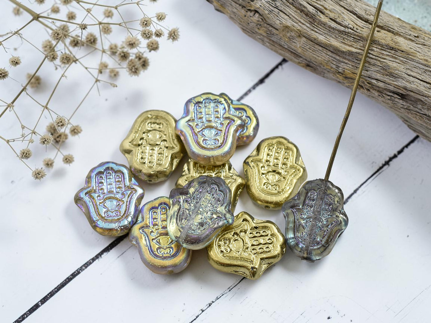 *10* 15x10mm Gold Lustered Washed Crystal Hamsa Hand Beads