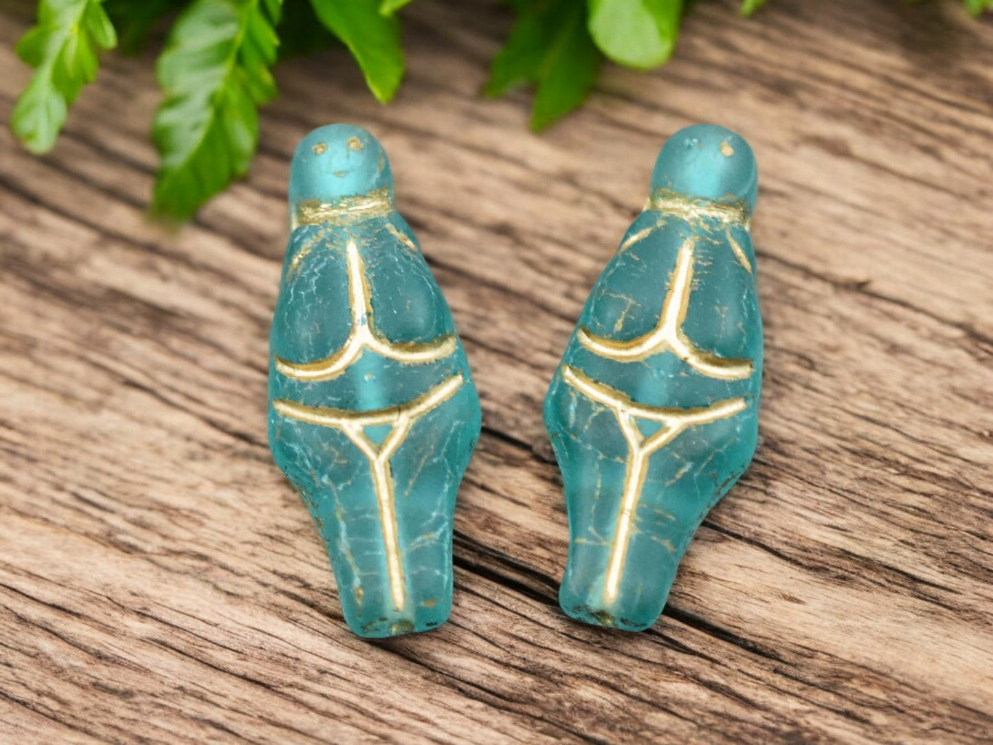 *4* 21x10mm Gold Washed Matte Aqua Goddess Beads