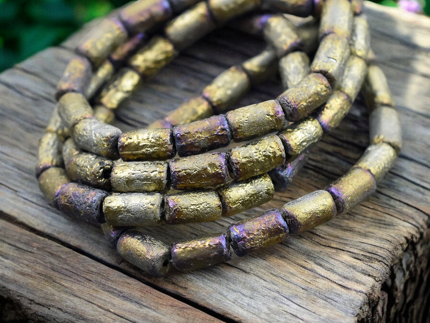 *16* 9x5mm Etched Gold Washed Purple Lustered Jet Black Tube Beads