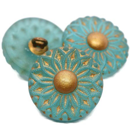 18mm Collarette Flower Button Matte Blue Green with Gold Accents - Czech Glass Buttons
