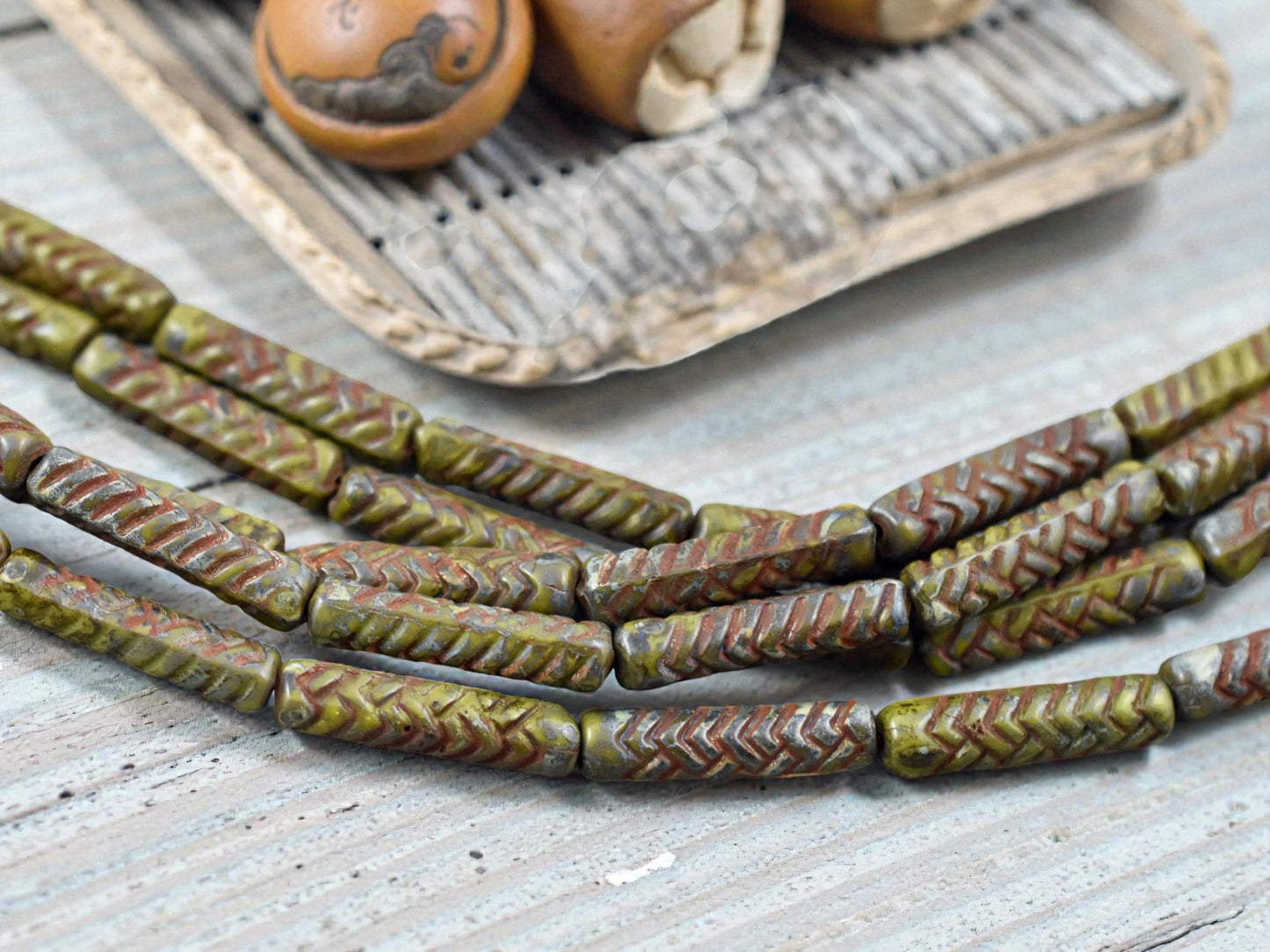 *11* 18x4mm Antiqued Chartreuse Picasso Basket Weave Tube Beads