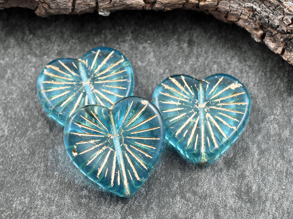 *4* 22mm Bronze Washed Blue Aqua Heart Beads