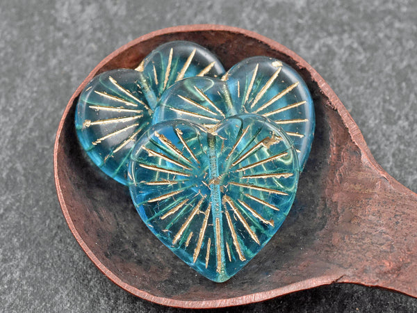 *4* 22mm Bronze Washed Blue Aqua Heart Beads