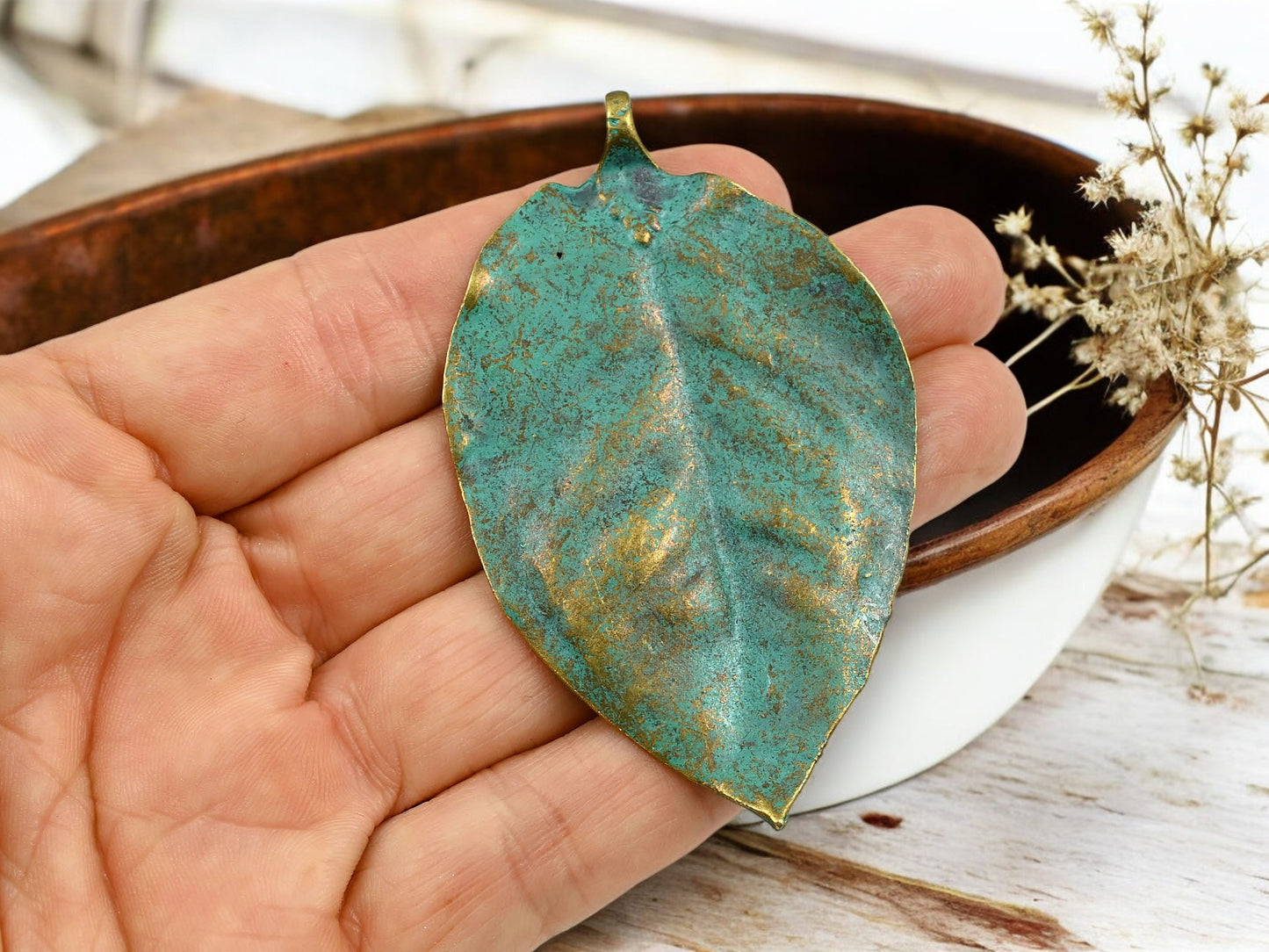 77x46mm Bronze green Patina Leaf Pendant