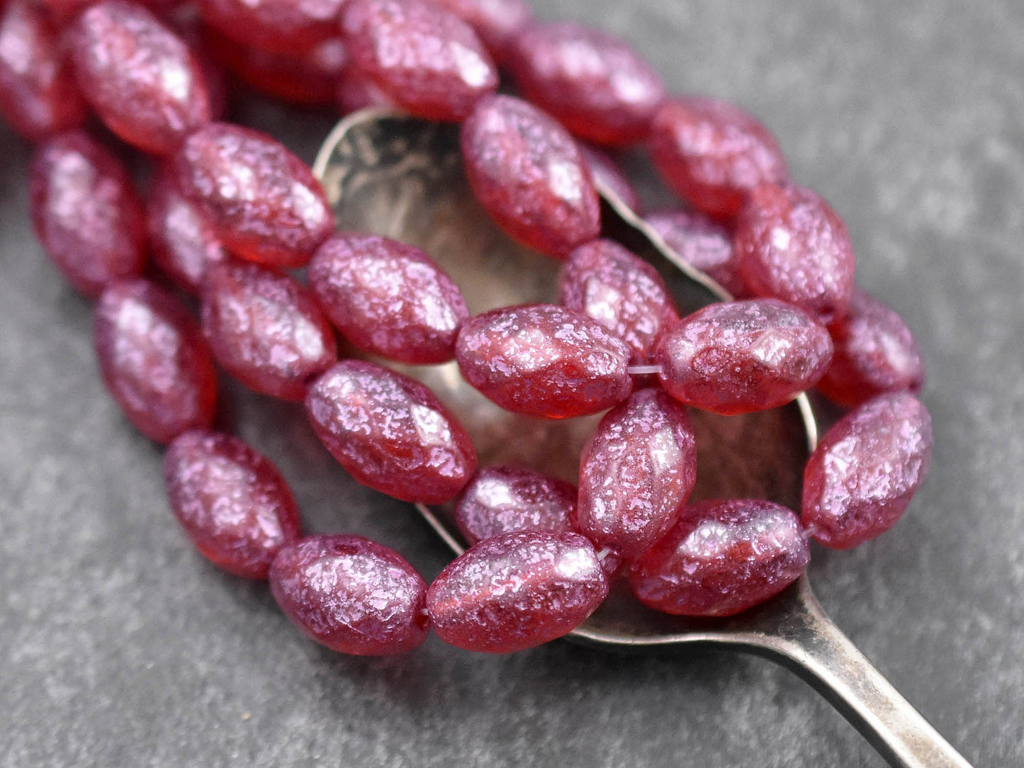 *12* 12x8mm Etched Pink Washed Ruby Red Fire Polished Faceted Oval Beads