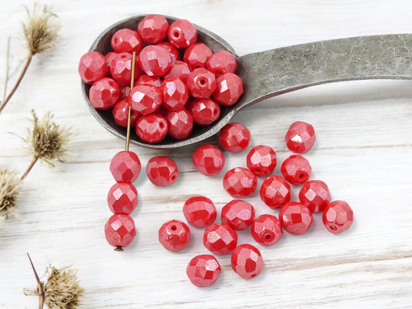 *25* 8mm Opaque Coral Luster Fire Polished Round Beads