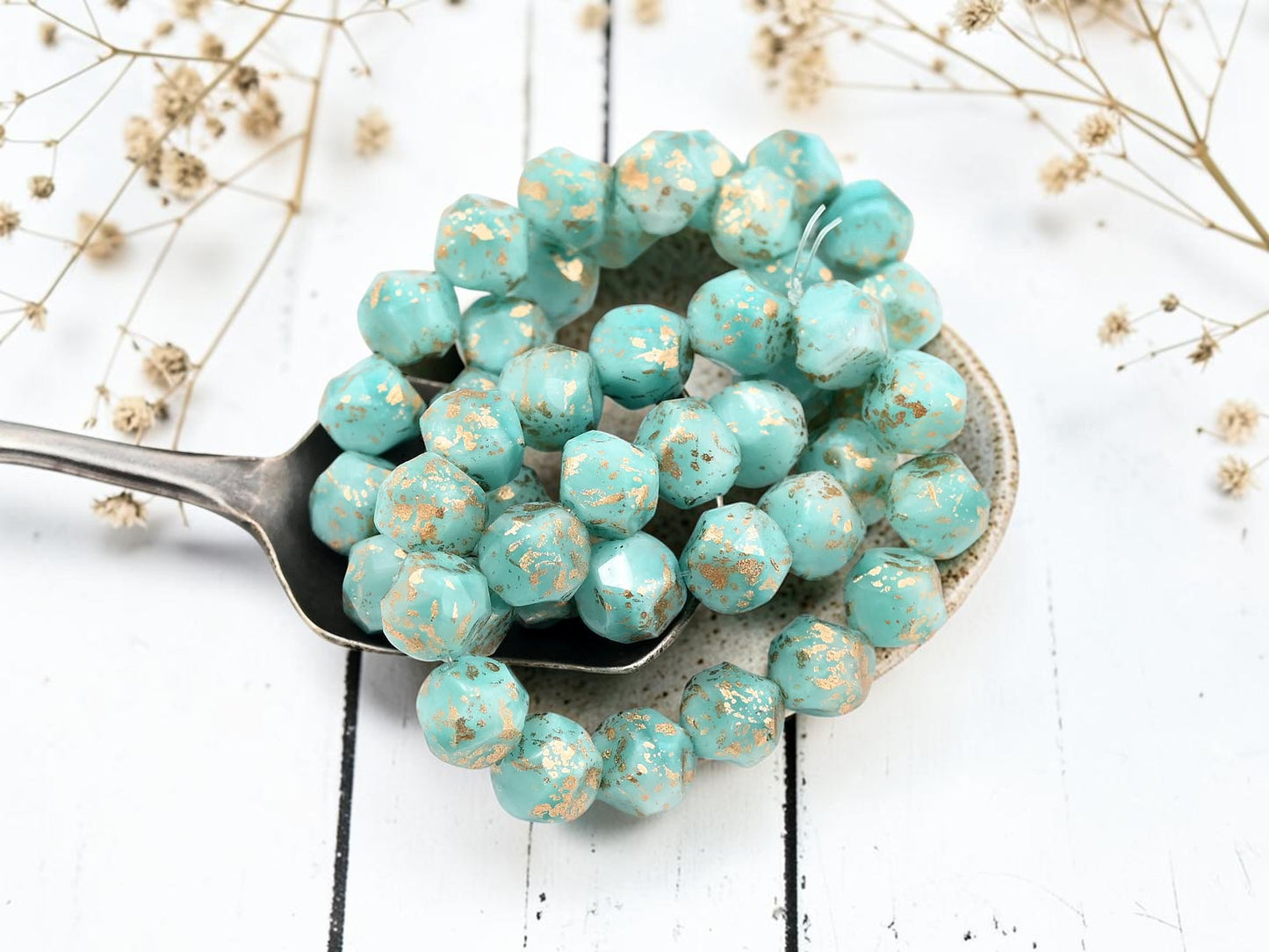 *15* 9mm Antique Gold Washed Opaque Larimar Blue Central Cut Round Beads