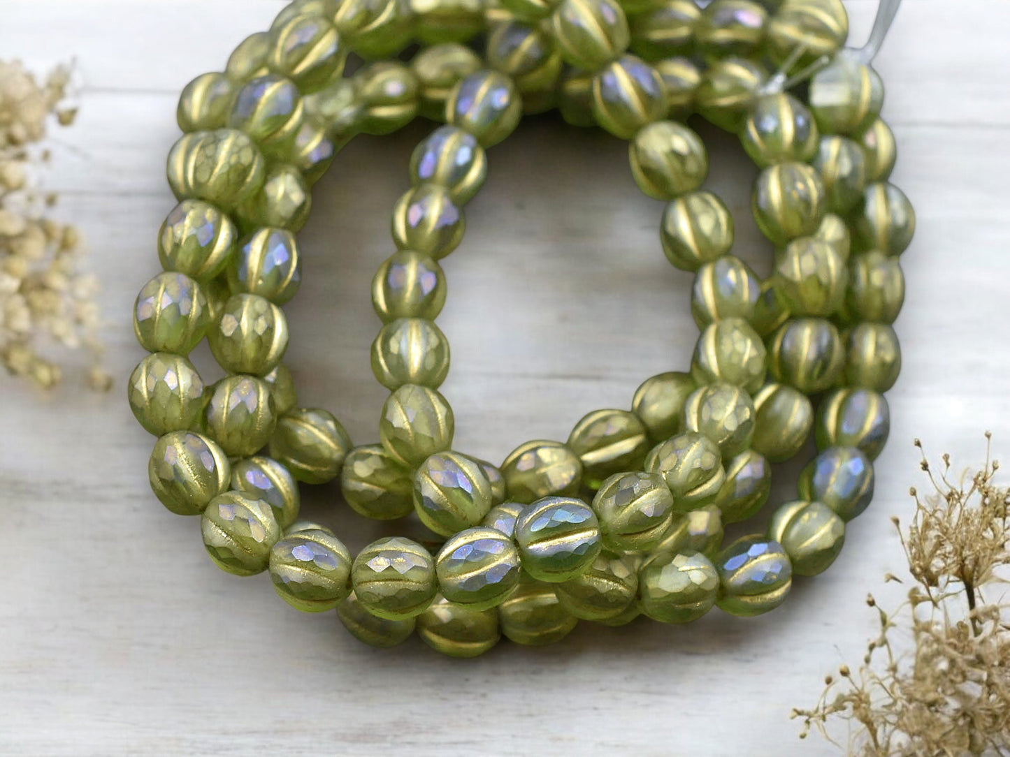 *25* 6mm Gold Washed Matte Peridot Luster Faceted Round Melon Beads