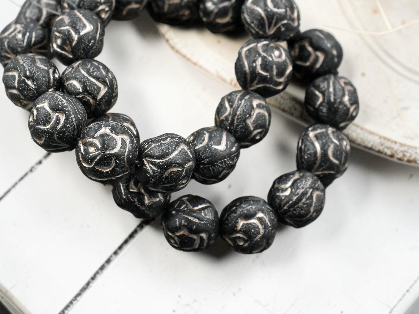 *15* 10mm Metallic Beige Washed Matte Black Round Rose Beads