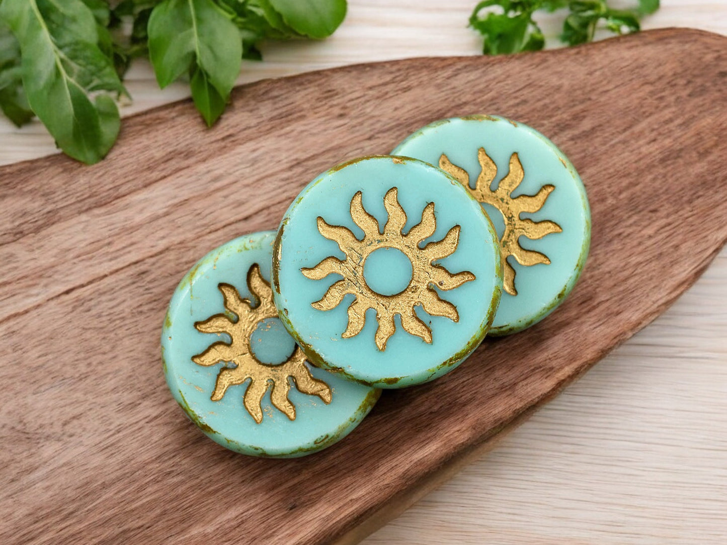 *2* 21mm Gold Washed Opaque Turquoise Picasso Table Cut Sun Design Coin Bead (LAST Pack)