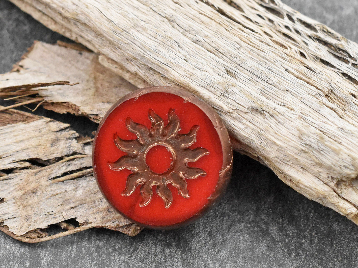 *2* 21mm Gold Washed Hyacinth Orange Opal Table Cut Sun Design Coin Beads