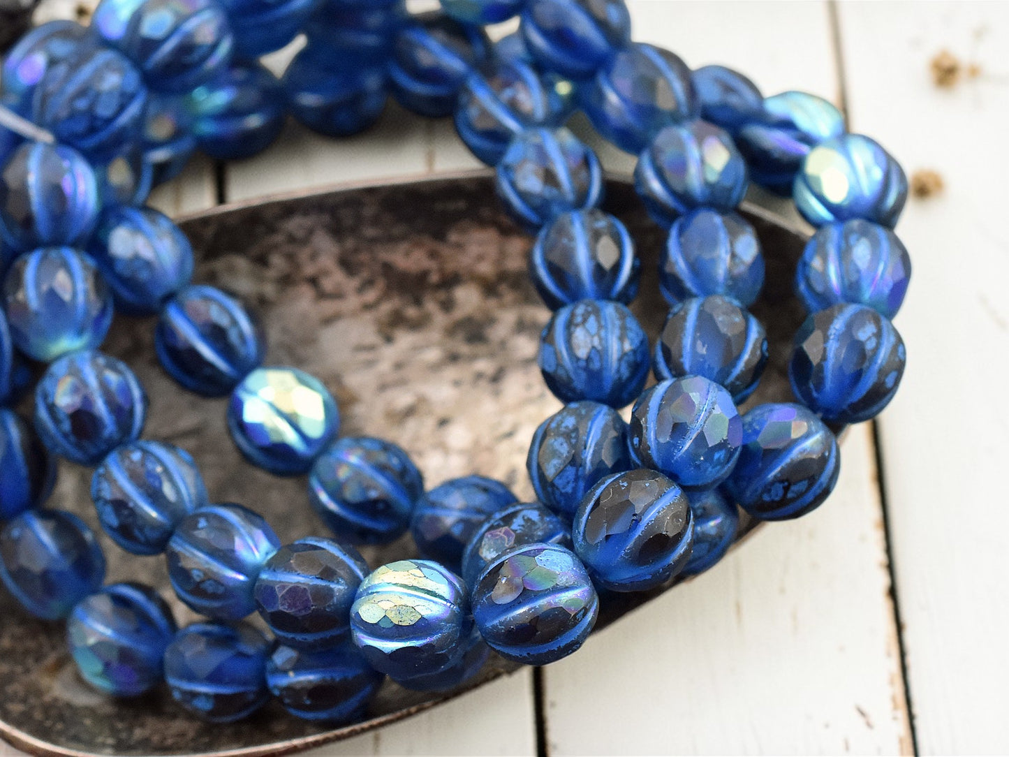 *20* 8mm Blue Washed Matte Sapphire AB Faceted Round Melon Beads