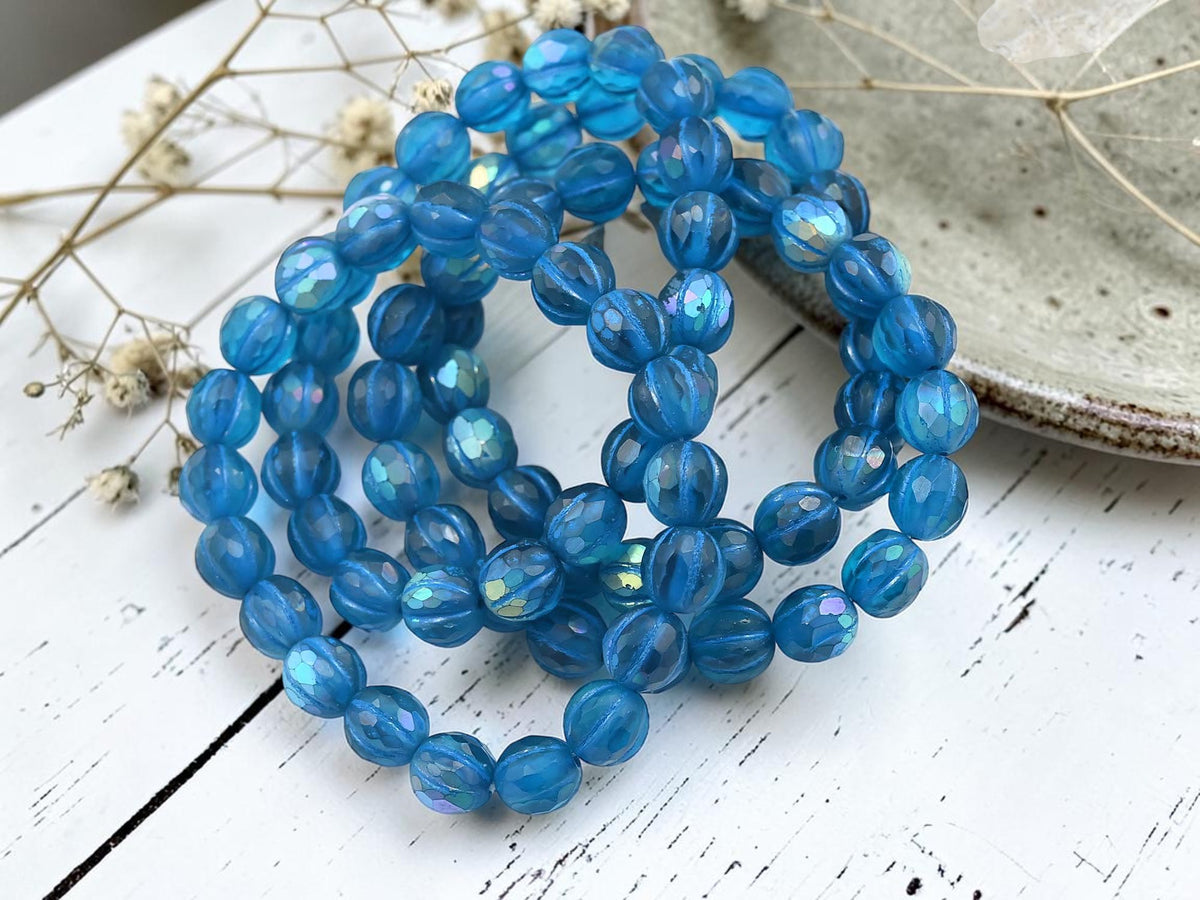 *20* 8mm Blue Washed Matte Sapphire AB Faceted Round Melon Beads