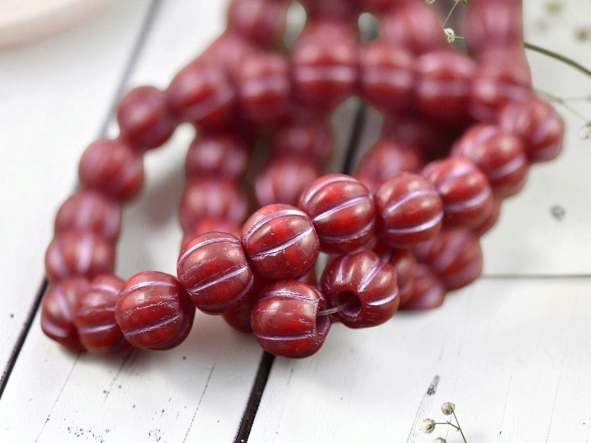 *20* 8mm Metallic Pink Washed Opaque Ruby Red Large Hole Melon Beads