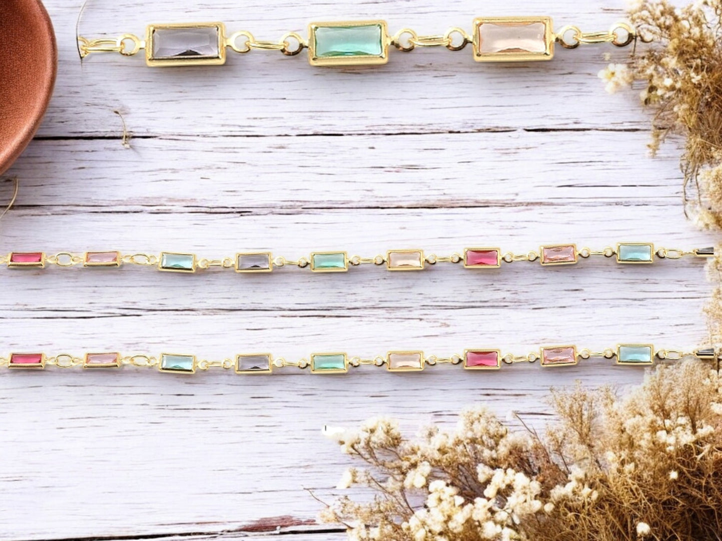 3.5 x 7mm Gold Plated Brass Linked Chain w/ Glass Rectangle Beads