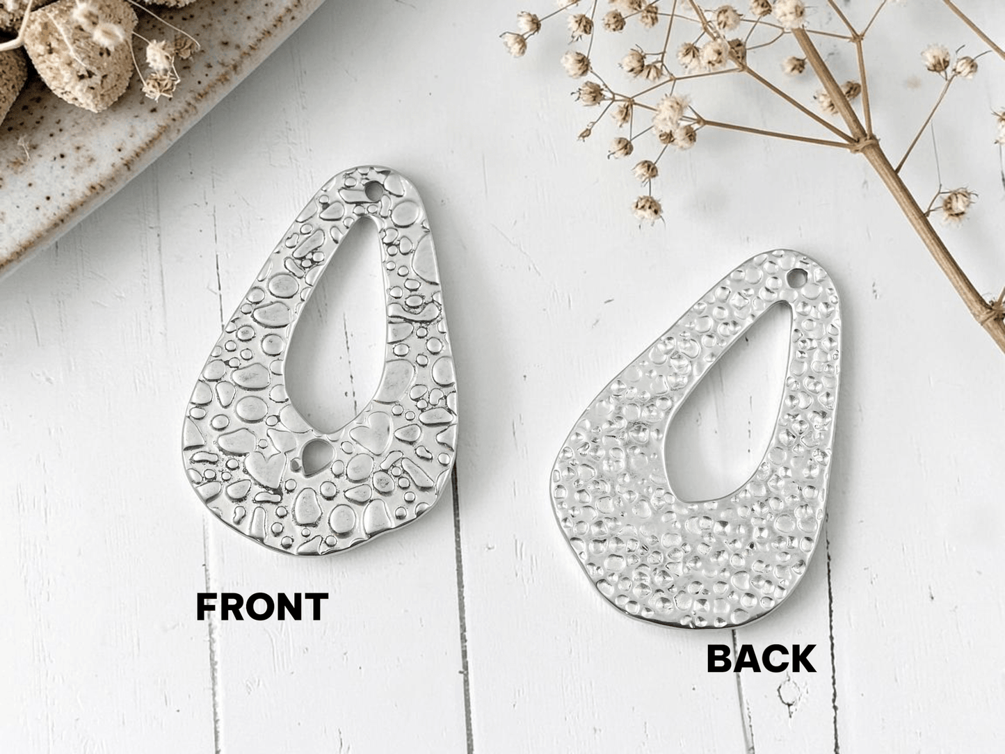 *2* 34x22mm 304 Stainless Steel Hammered Drop Charms