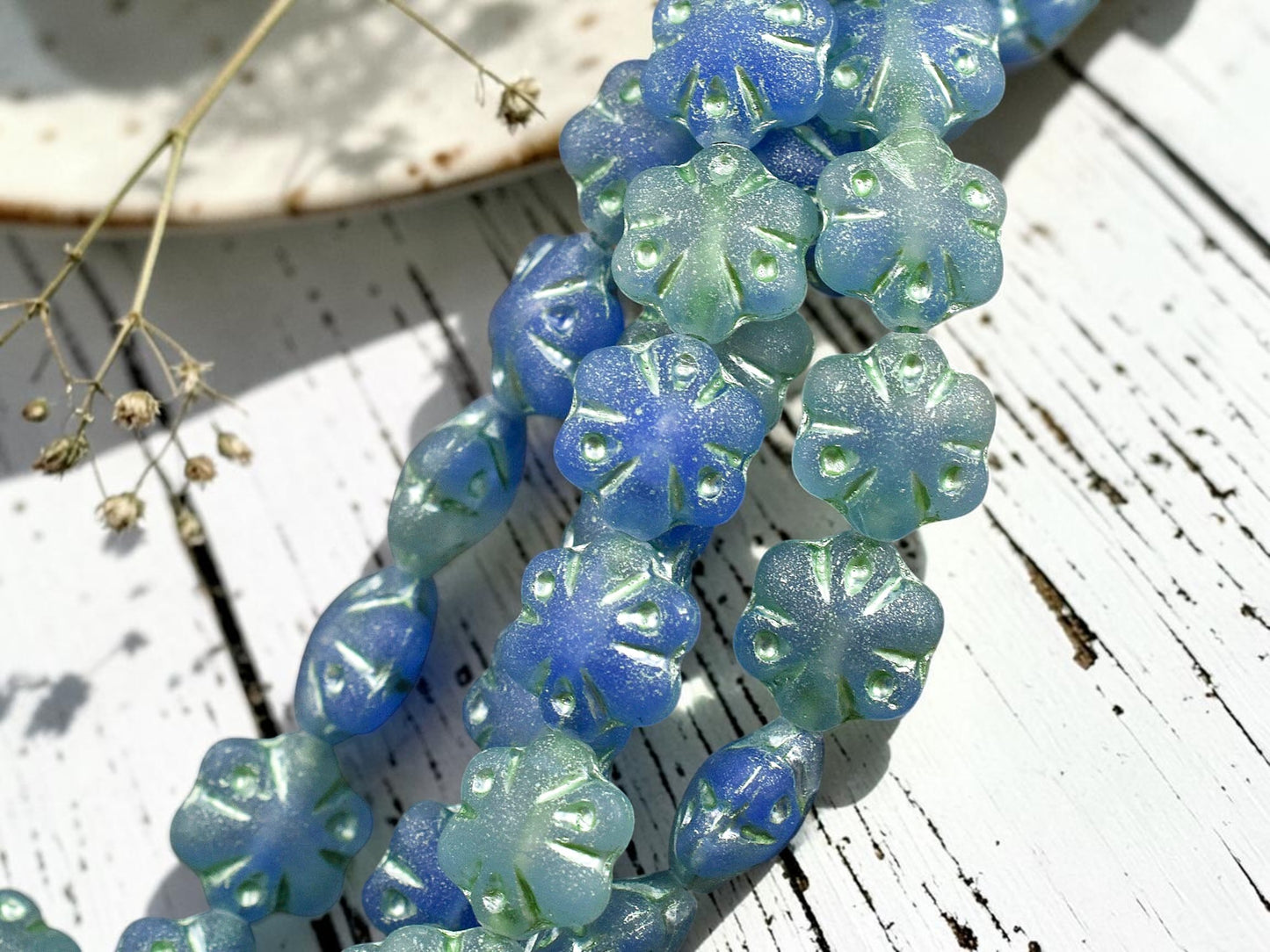*10* 11mm Mint Washed Matte Semi-Transparent Blue Seafoam Scalloped Flower Beads