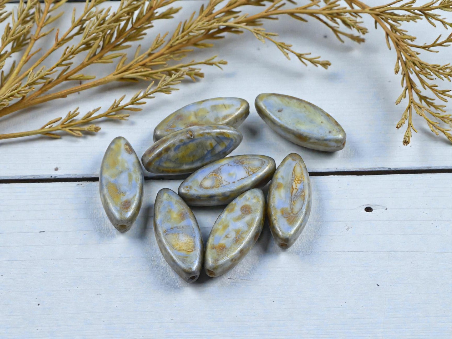 *8* 18x7mm Alabaster Blue Sage Picasso Spindle Beads