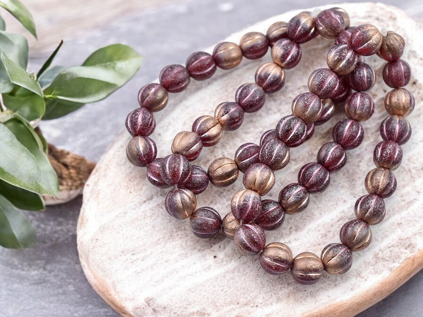 *20* 8mm Metallic Pink & Copper Washed Etched Cranberry Round Melon Beads