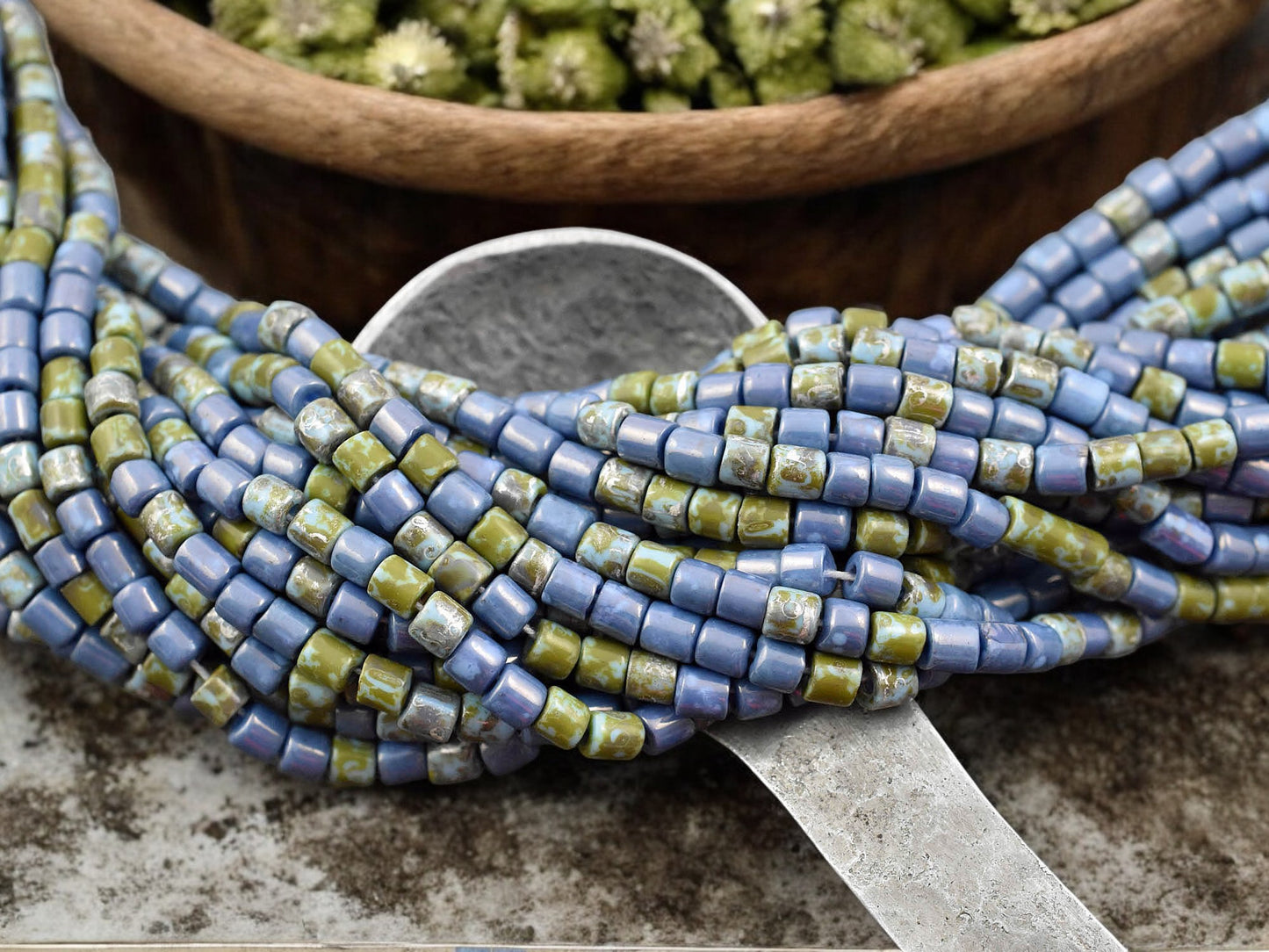 6/0 Aged Blue Turquoise Picasso Bugle Beads (20" Strand)