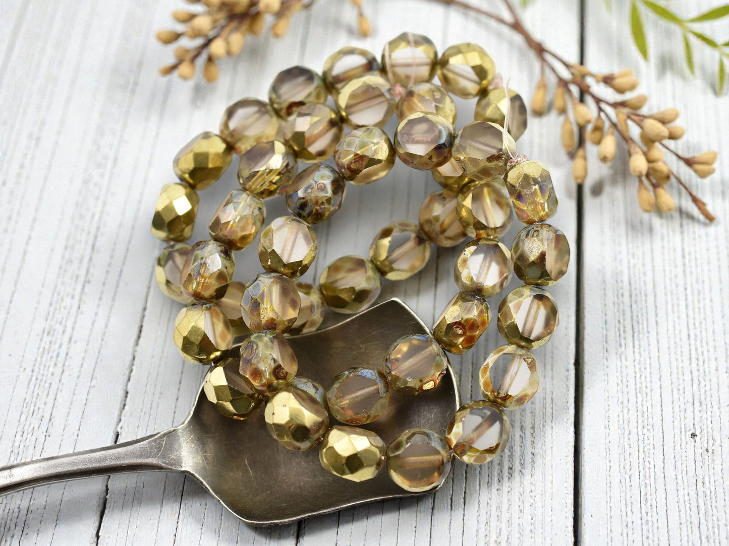 *15* 8mm Gold Washed Crystal Picasso 2 Cut Fire Polished Round Beads