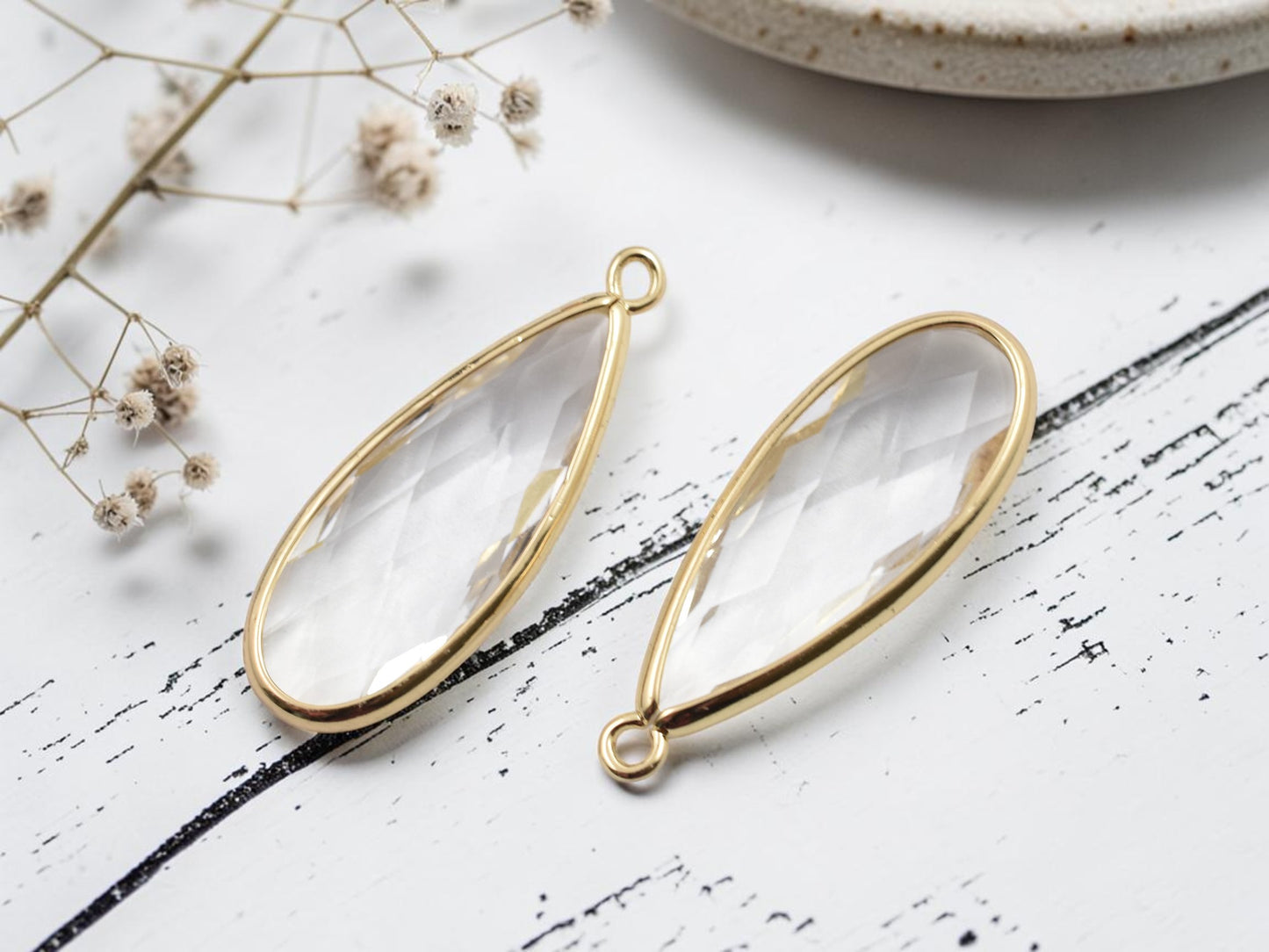 *2* 36x14mm 18k Gold Plated Brass Faceted Clear Glass Teardrop Pendants