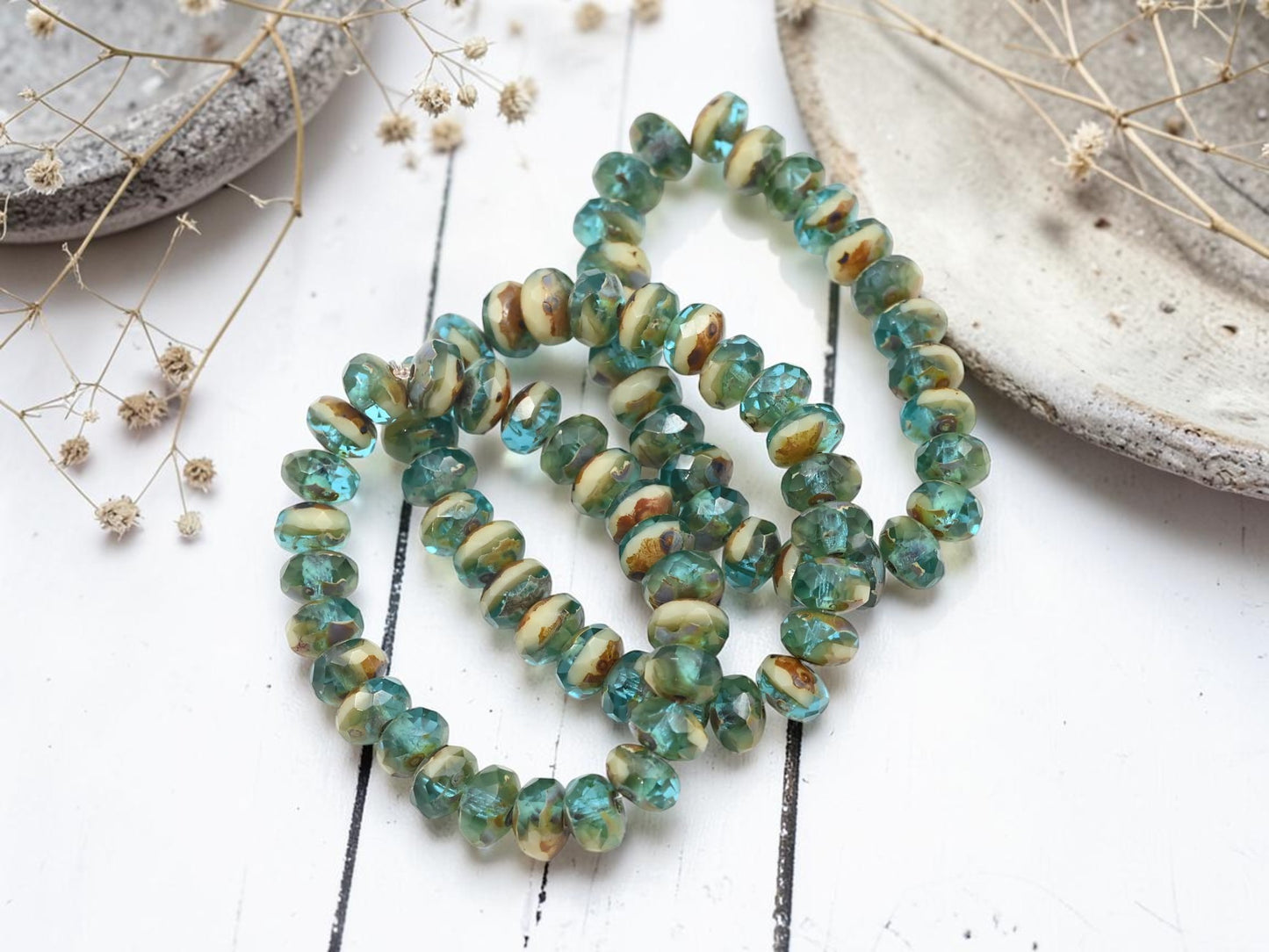 *25* 5x7mm Blended Aqua Ivory Picasso Fire Polished Rondelle Beads