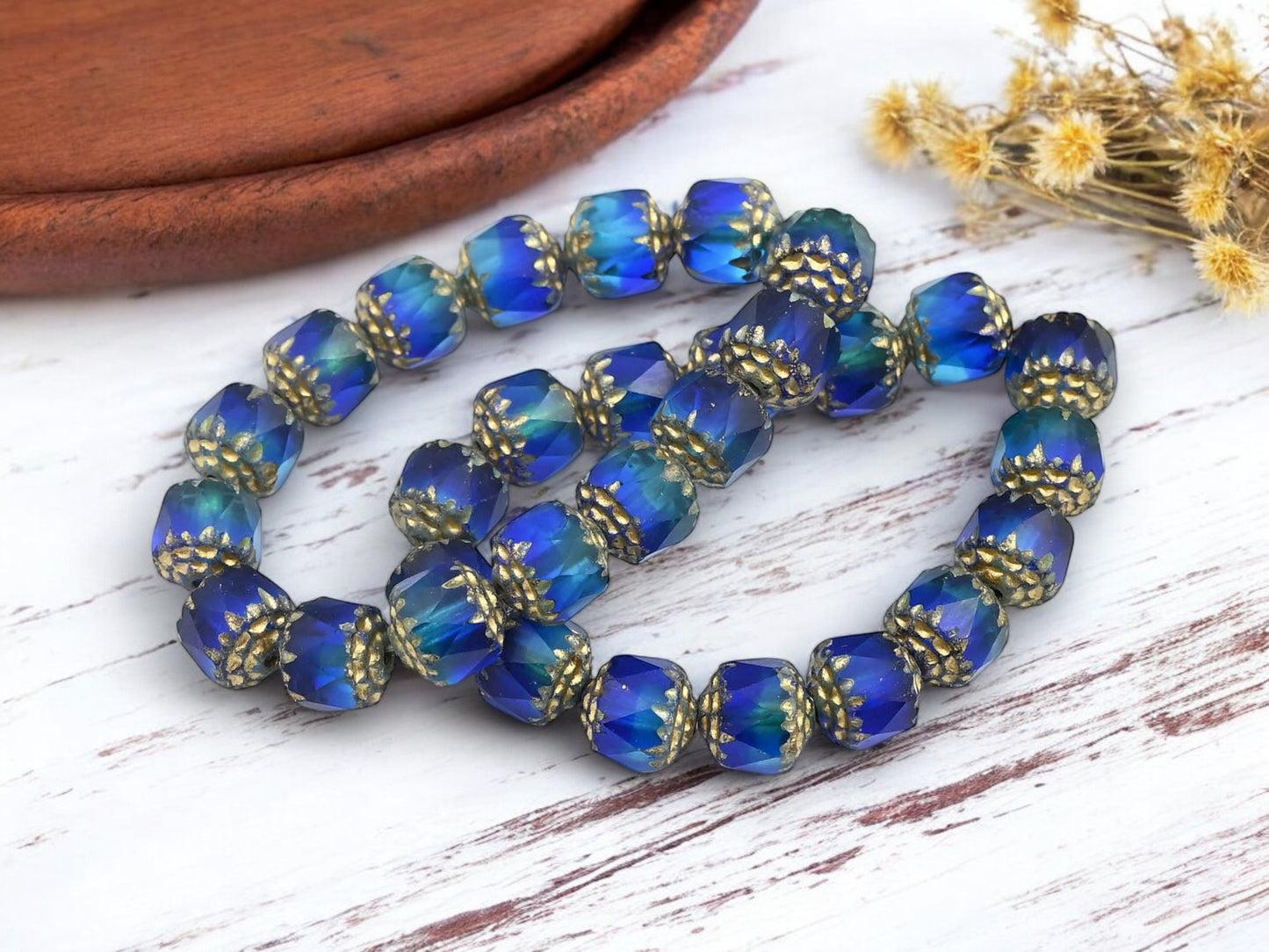 Gold Washed Mixed Matte Aqua & Sapphire Fire Polish Cathedral Beads