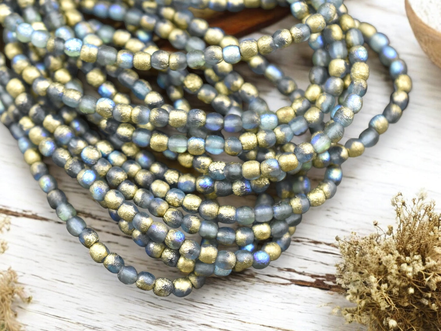*50* 3mm Gold Washed Etched Montana Blue AB Round Druk Beads