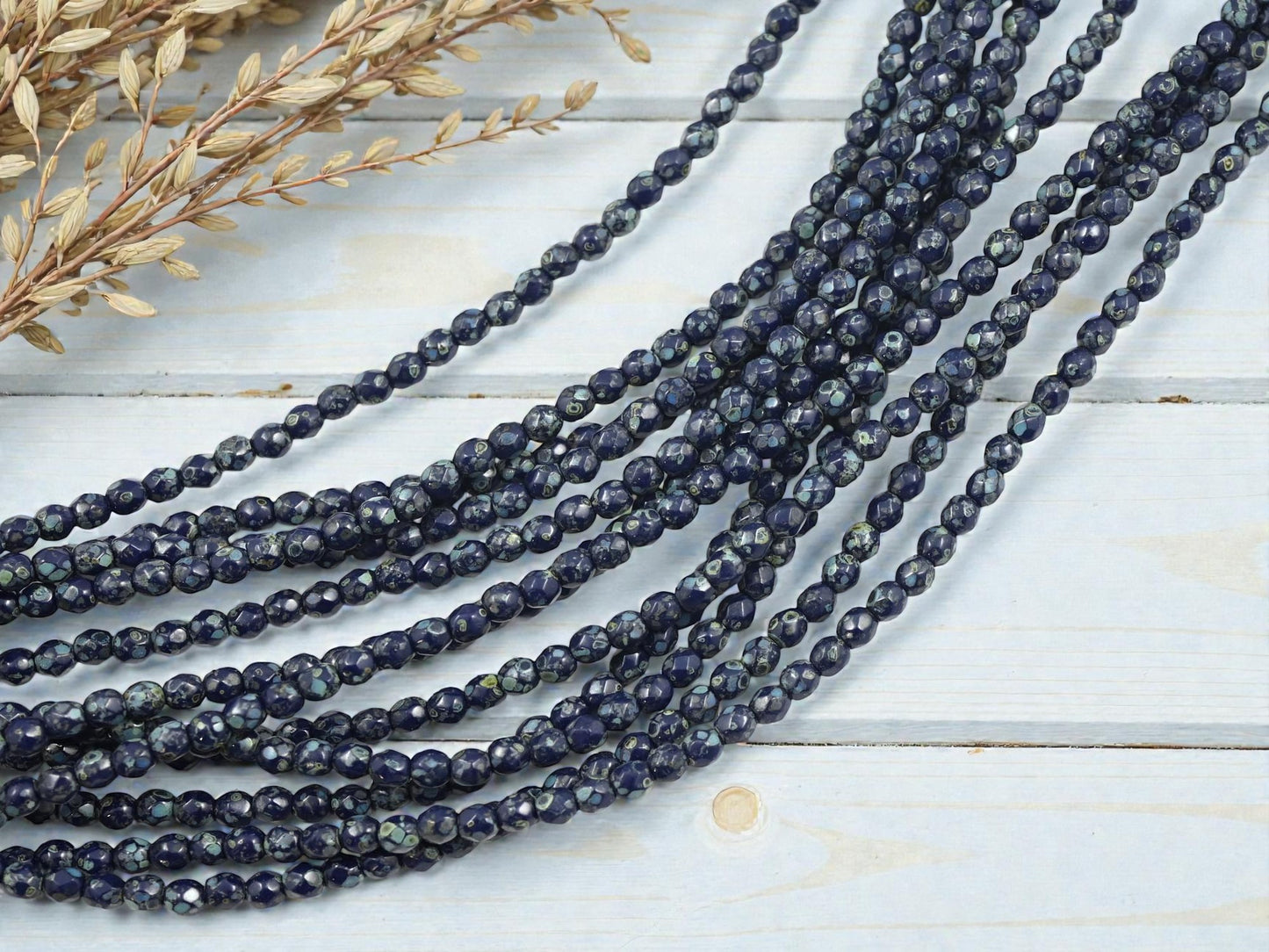 50* 3mm Navy Blue Picasso Fire Polished Round Beads