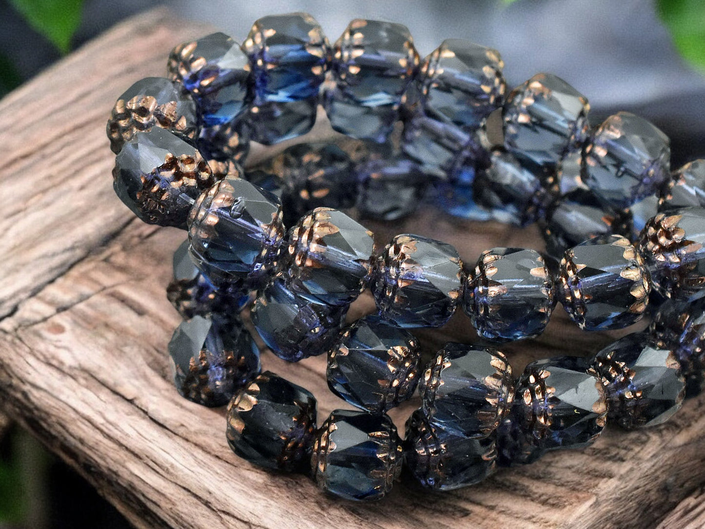 *15* 8mm Bronze Washed Montana Blue Fire Polished Cathedral Beads