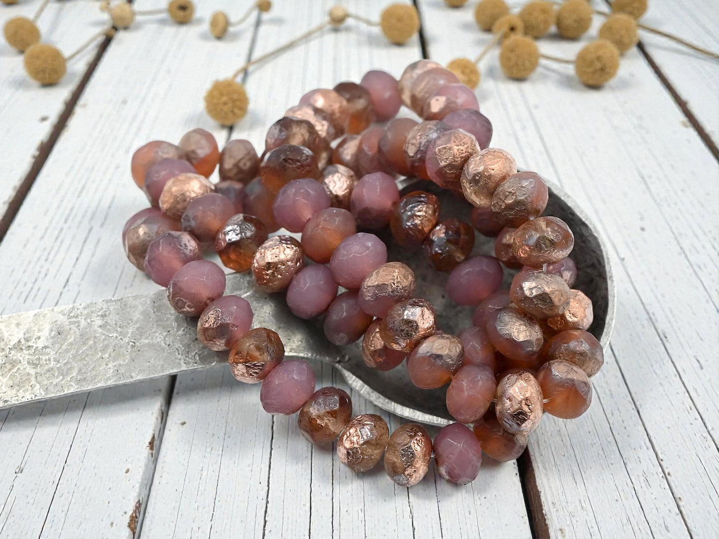 *25* 6x8mm Copper Washed Etched Pink Opal Fire Polished rondelle Beads