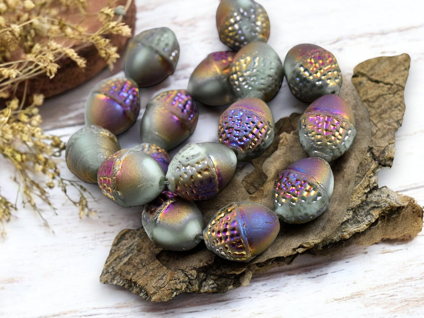 *8* 10x12mm Gold AB Washed Matte Light Turquoise Acorn Oval Beads