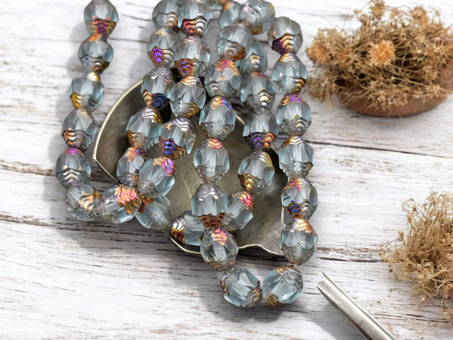 *15* 6x8mm Metallic Volcano Washed Matte Sky Blue Oval Cathedral Beads