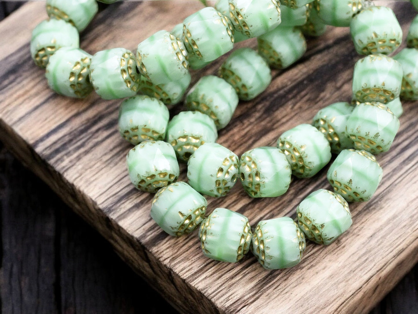 *15* 8mm Gold Washed Mint Silk Fire Polished Cathedral Beads