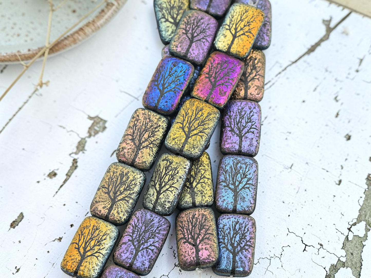 *6* 18x12mm Acid Etched Jet AB Tree of Life Laser Tattoo Rectangle Beads