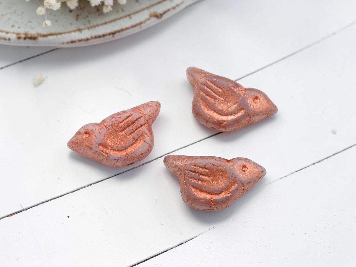 *6* 11x22mm Copper Washed Matte Milky Crystal Bird Beads