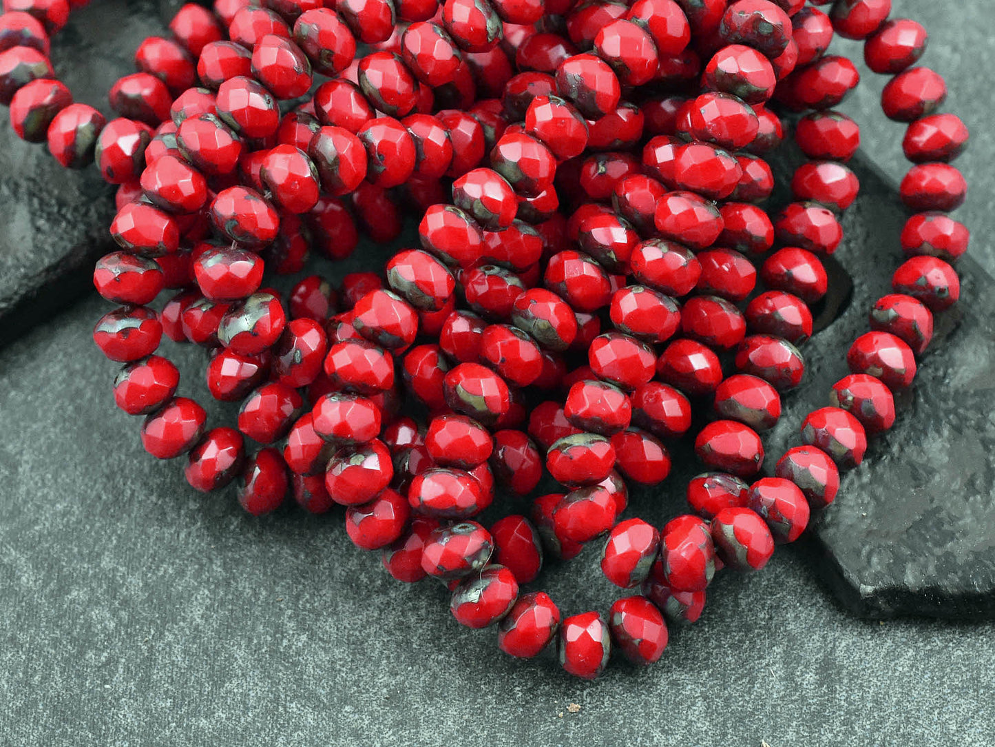 *30* 3x5mm Coral Red Picasso Fire Polished Rondelles