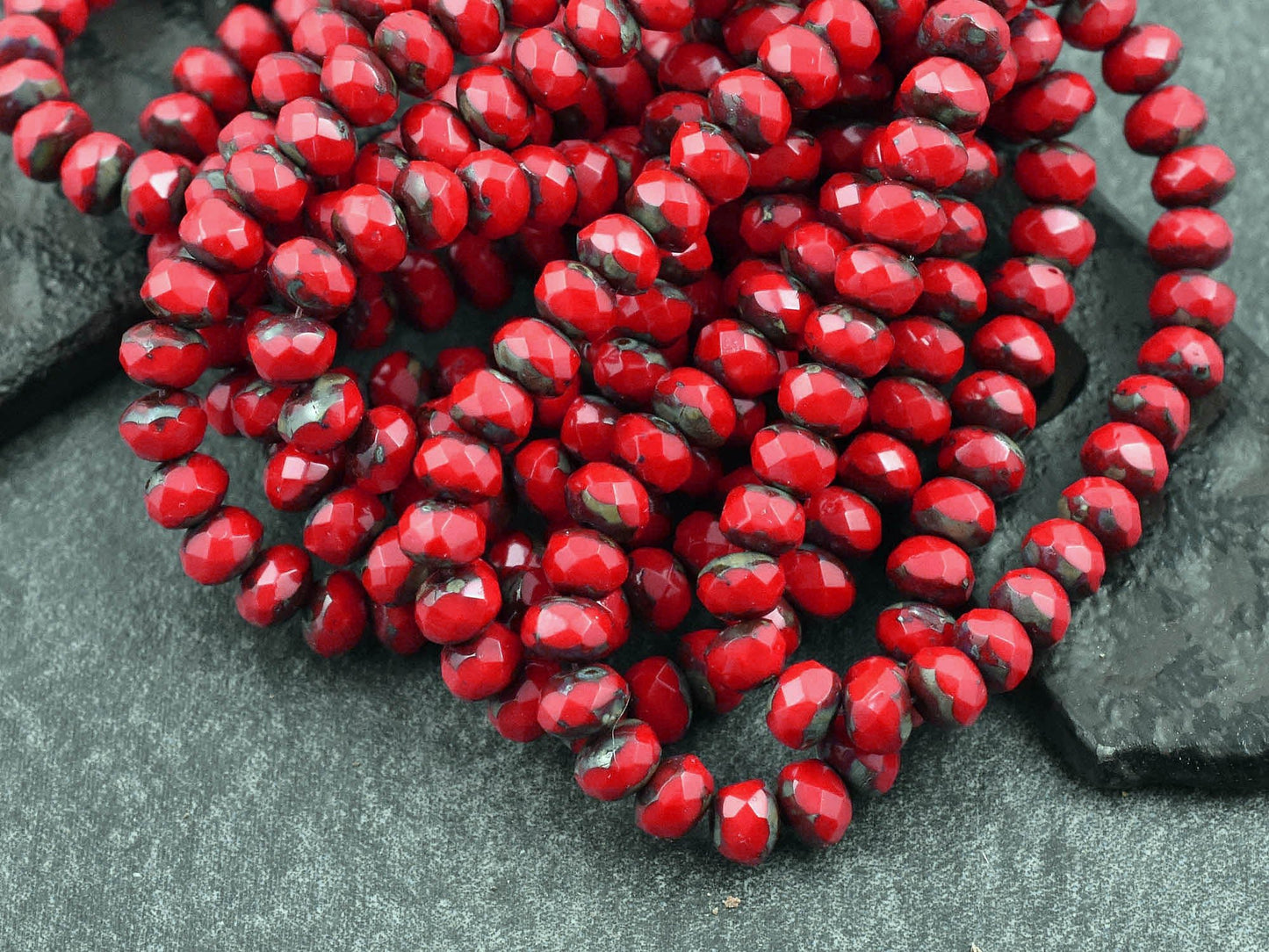 *30* 3x5mm Coral Red Picasso Fire Polished Rondelles