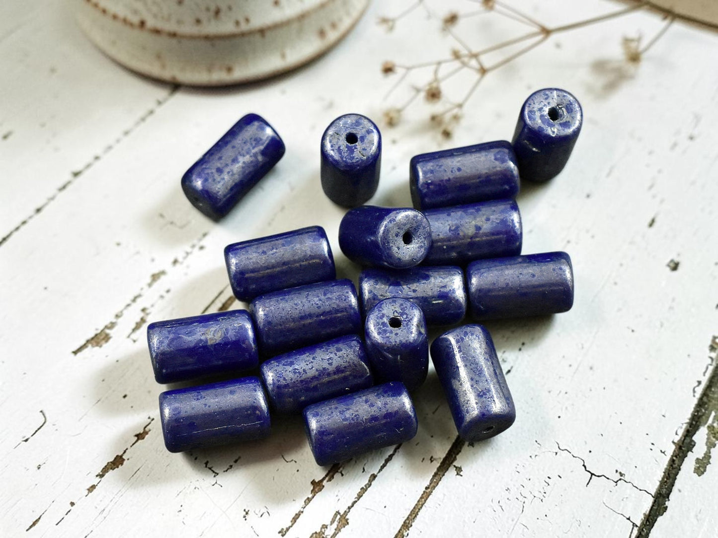*16* 9x5mm Navy Blue Silver Picasso Tube Beads