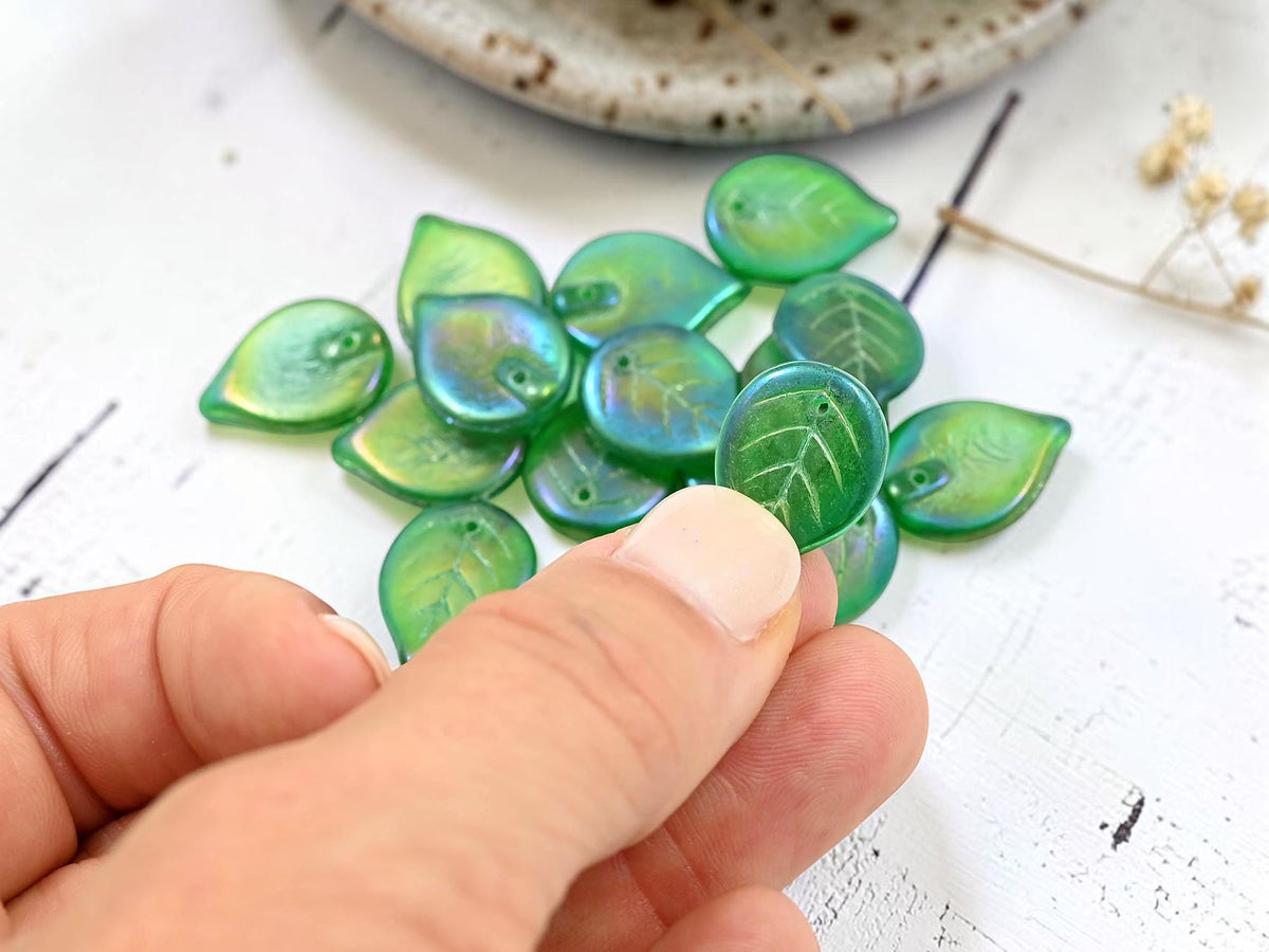 *25* 18x13mm Emerald Green Rainbow Iris Top Hole Leaf Beads