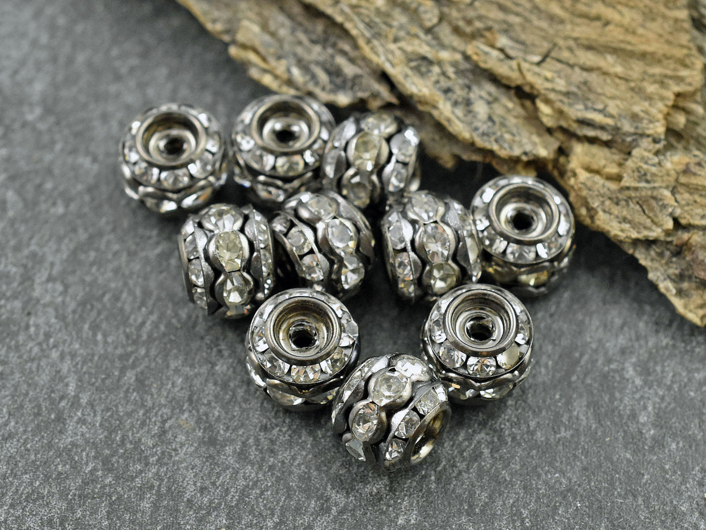 *10* 10mm Gunmetal Stacked Barrel Rhinestone Beads