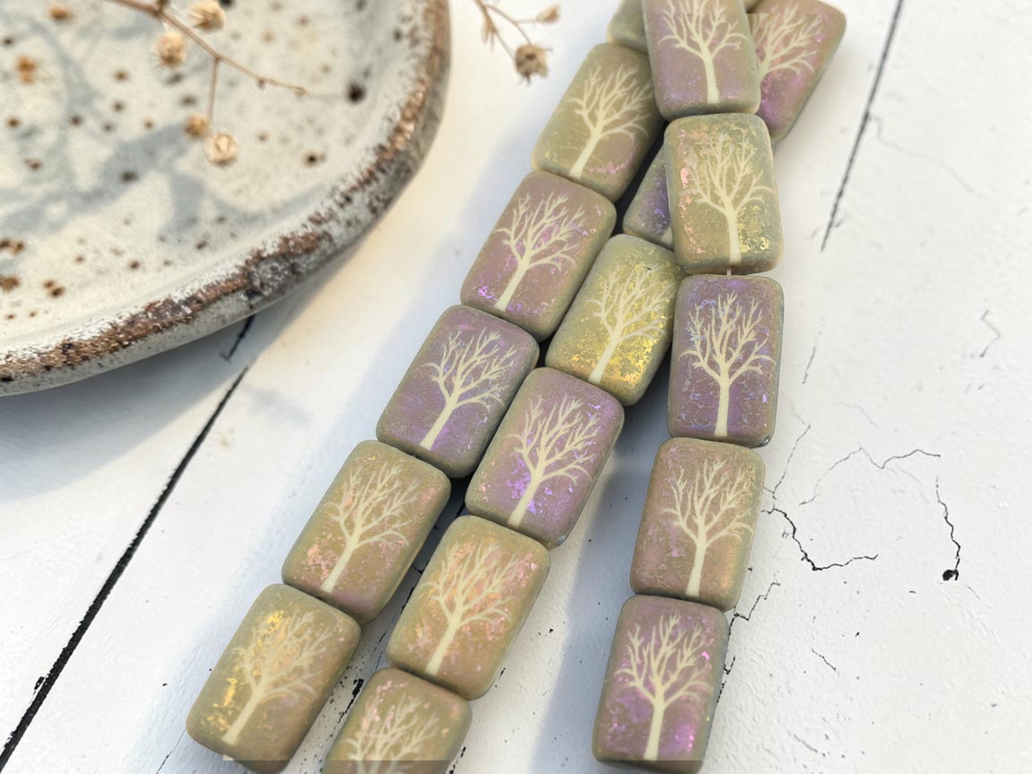 *6* 18x12mm Matte Ivory Sliperit Tree of Life Laser Tattoo Rectangle Beads