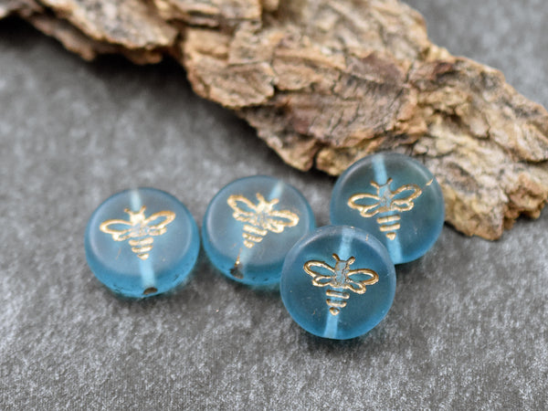 *12* 12mm Gold Washed Matte Aqua Blue Bee Coin Beads