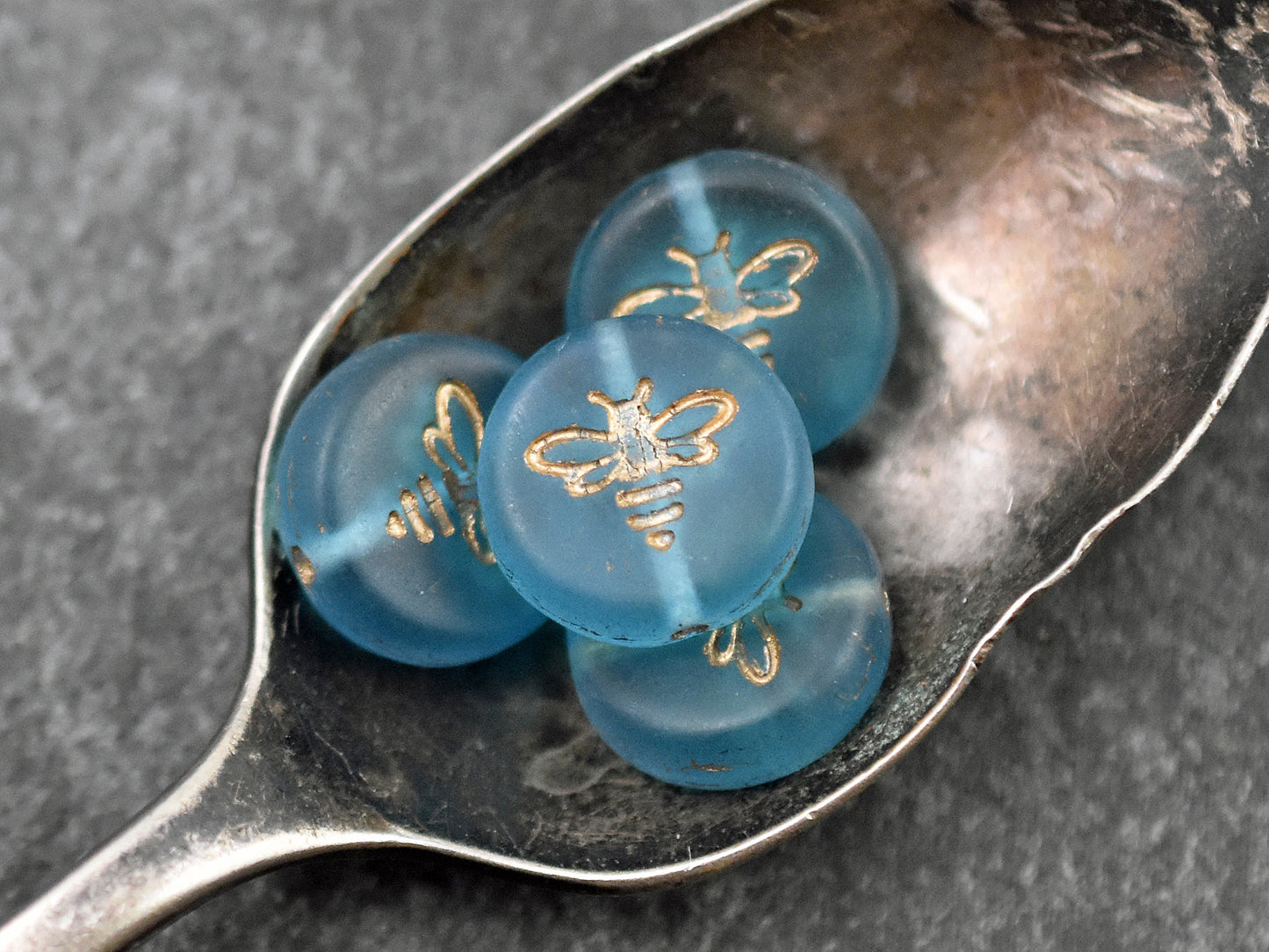 *12* 12mm Gold Washed Matte Aqua Blue Bee Coin Beads