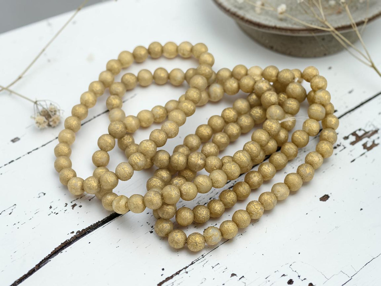 *30* 6mm Gold Etched Matte Translucent Champagne Round Druk Beads