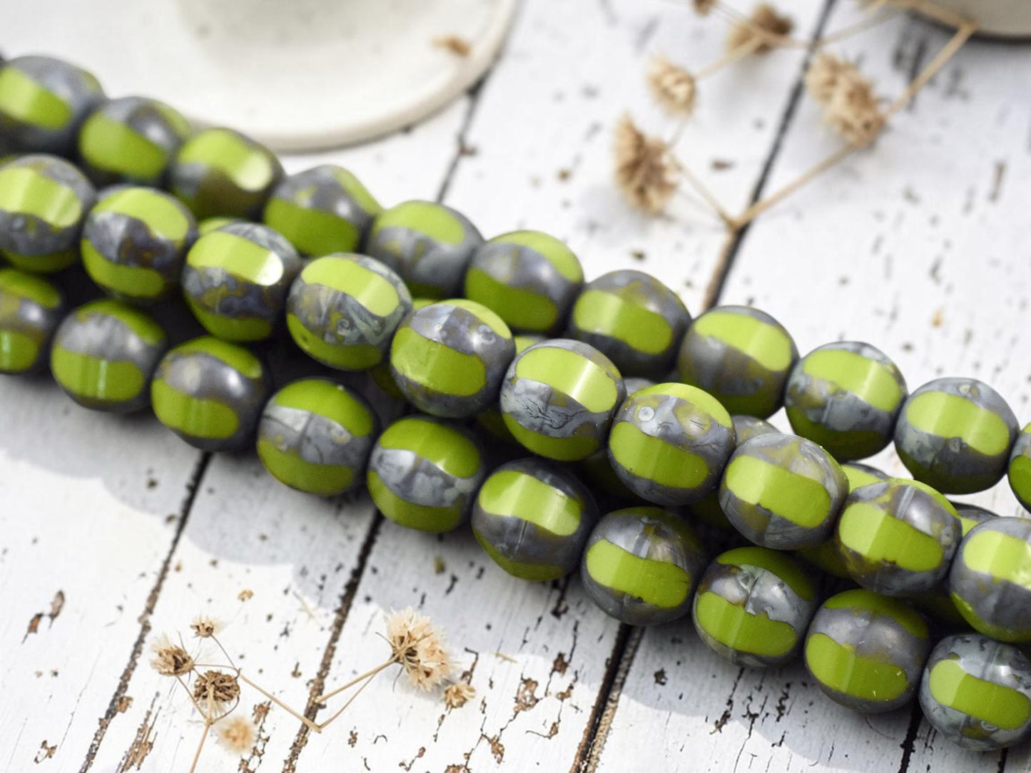 *10* 10mm Chartreuse Picasso Window Cut Round Beads